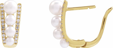 14K Yellow Gold Cultured White Freshwater Pearl & 1/4 CTW Natural Diamond Hoop Earrings