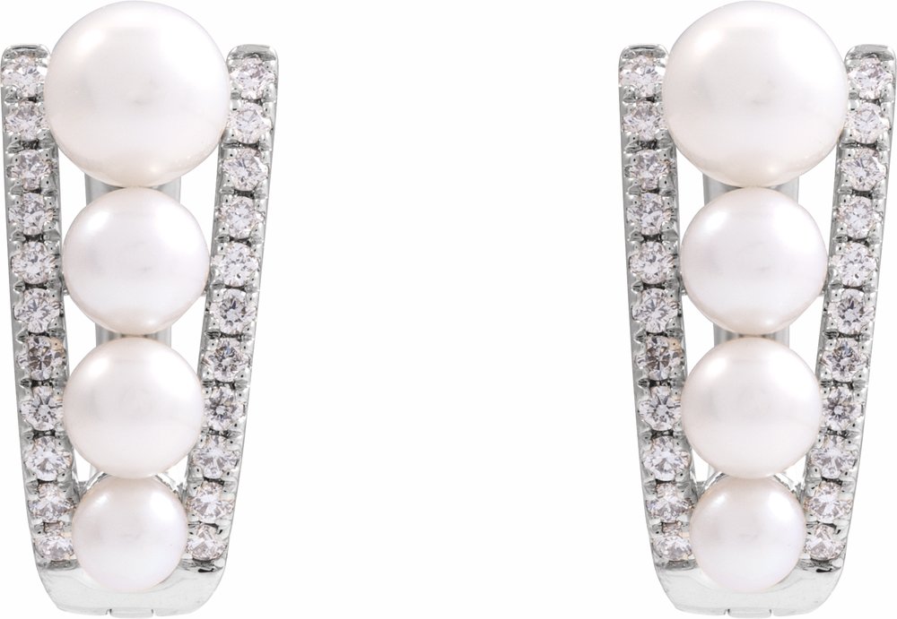 14K White Cultured White Freshwater Pearl & 1/4 CTW Natural Diamond Hoop Earrings