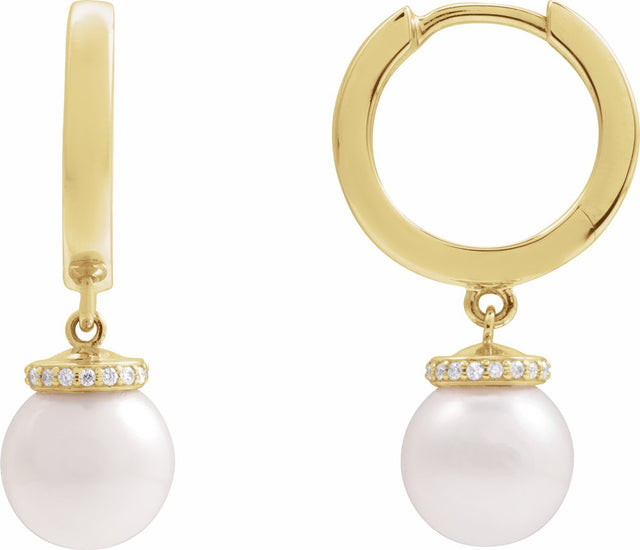 14K Yellow Cultured White Akoya Pearl & .07 CTW Natural Diamond Hinged 14.2 mm Hoop Earrings