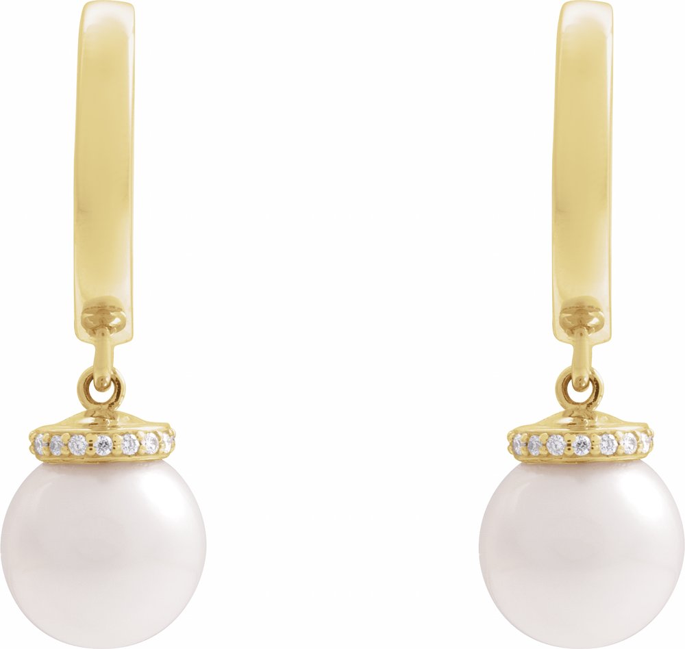 14K Yellow Cultured White Akoya Pearl & .07 CTW Natural Diamond Hinged 14.2 mm Hoop Earrings