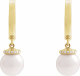 14K Yellow Cultured White Akoya Pearl & .07 CTW Natural Diamond Hinged 14.2 mm Hoop Earrings