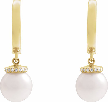 14K Yellow Cultured White Akoya Pearl & .07 CTW Natural Diamond Hinged 14.2 mm Hoop Earrings