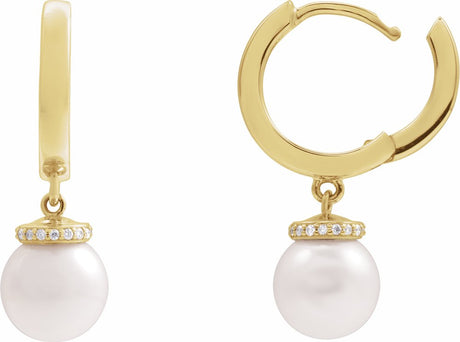 14K Yellow Gold Cultured White Akoya Pearl & .07 CTW Natural Diamond Hinged 14.2 mm Hoop Earrings