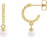 14K Yellow Gold Cultured White Freshwater Pearl Rope Hoop Earrings