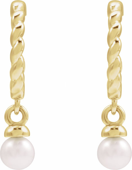 14K Yellow Gold Cultured White Freshwater Pearl Rope Hoop Earrings