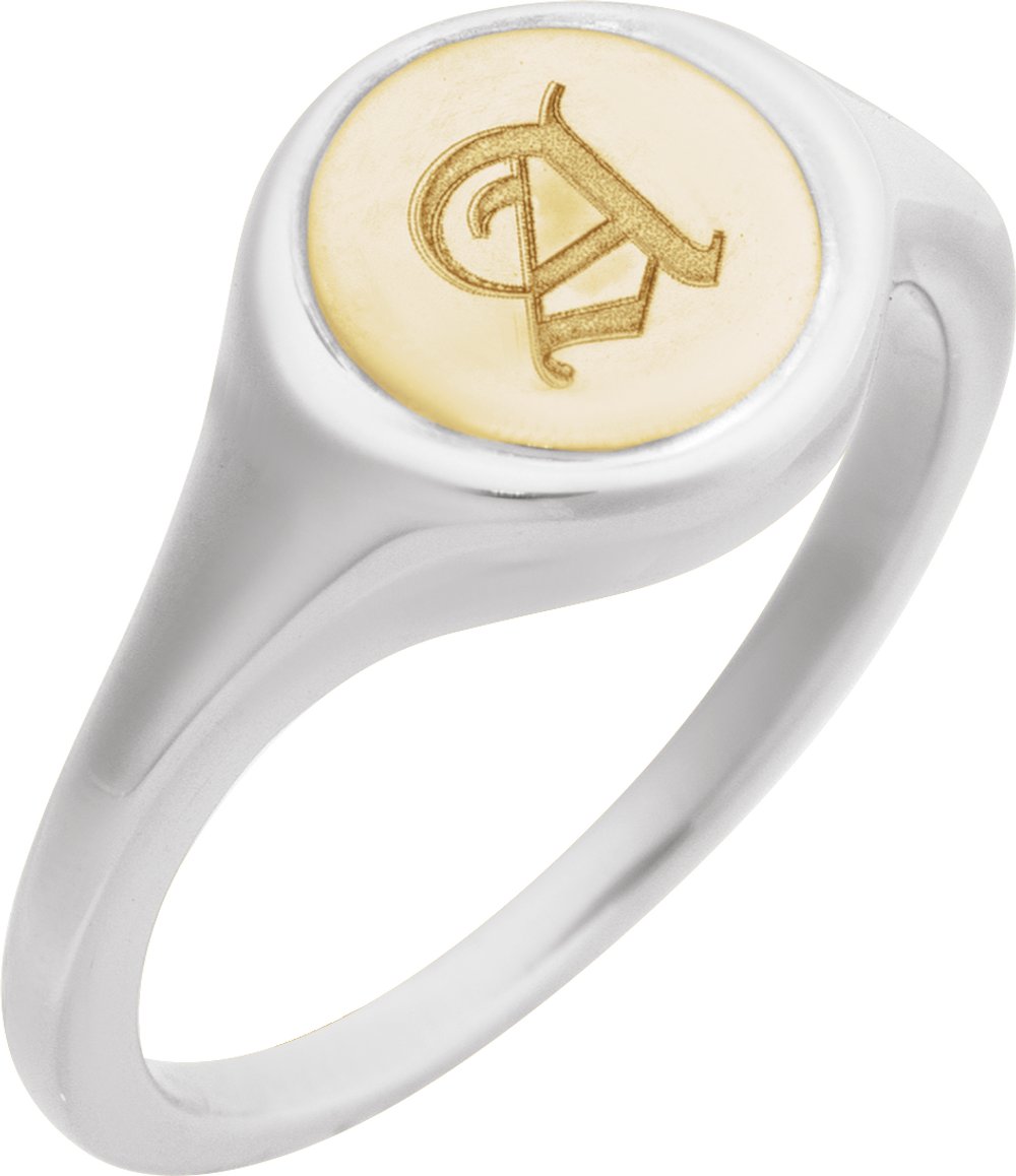 14K White/Yellow Engravable Round Signet Ring