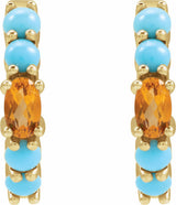 14K Yellow Gold Natural Citrine & Natural Turqouise 19.6 mm Hoop Earrings