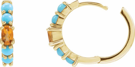 14K Yellow Gold Natural Citrine & Natural Turqouise 19.6 mm Hoop Earrings