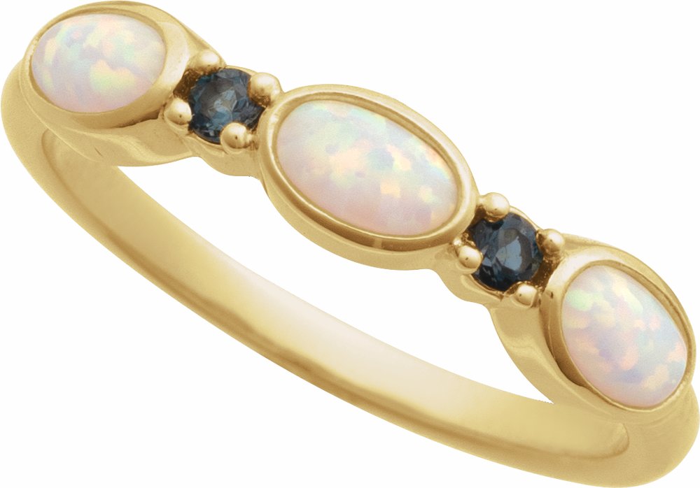 14K Yellow Lab-Grown White Opal & Natural London Blue Topaz Stackable Ring