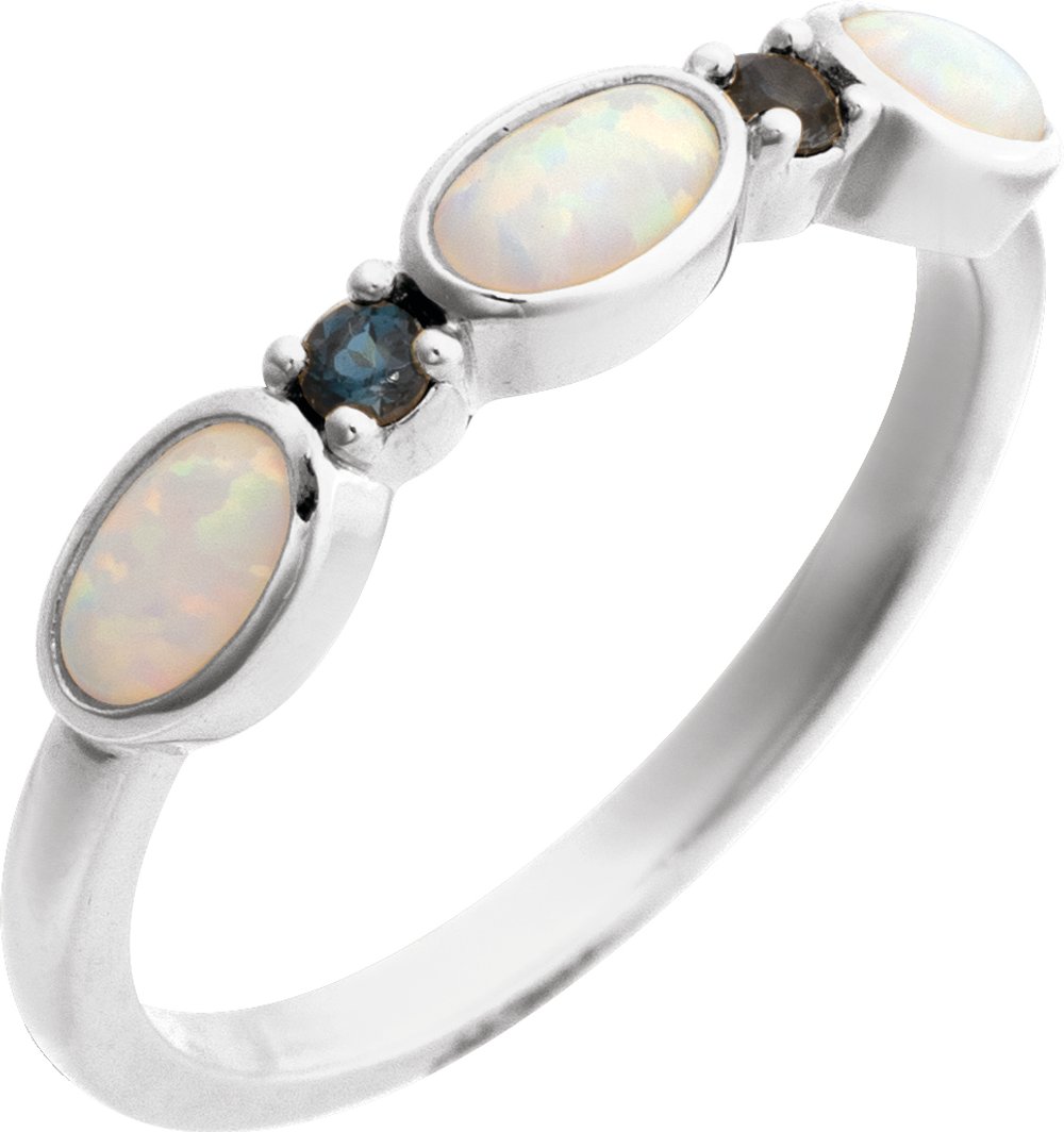 Sterling Silver Lab-Grown White Opal & Natural London Blue Topaz Stackable Ring