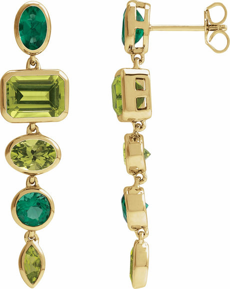 14K Yellow Natural Peridot & Lab-Grown Emerald Dangle Earrings