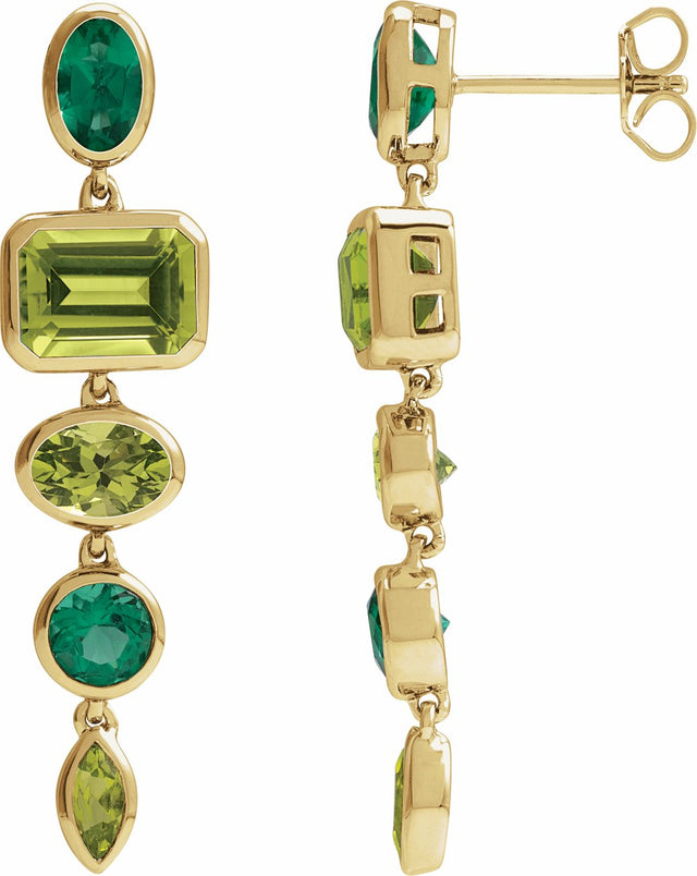 14K Yellow Natural Peridot & Lab-Grown Emerald Dangle Earrings