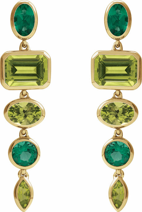 14K Yellow Natural Peridot & Lab-Grown Emerald Dangle Earrings