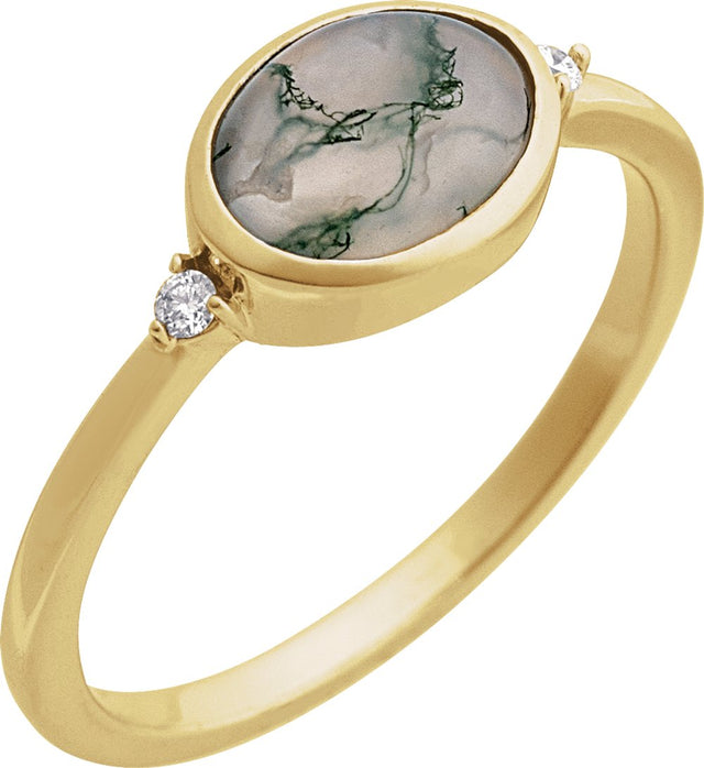 14K Yellow Natural Moss Agate & .03 CTW Natural Diamond Ring