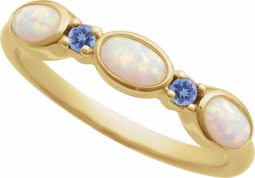 14K Yellow Lab-Grown White Opal & Natural Tanzanite Stackable Ring