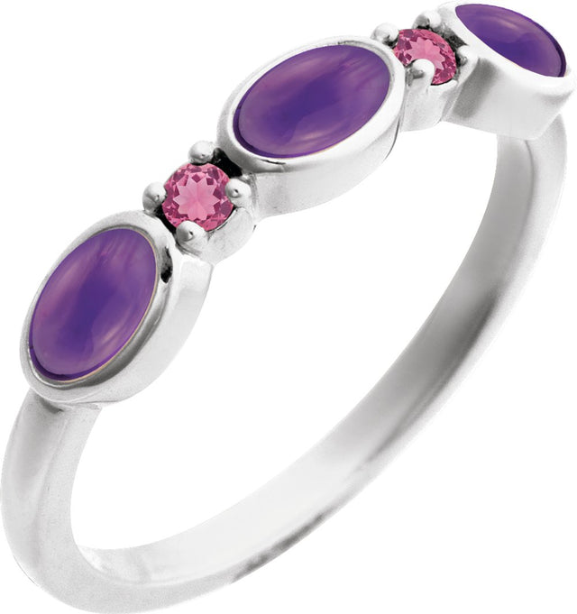 Sterling Silver Natural Amethyst & Natural Pink Tourmaline Stackable Ring