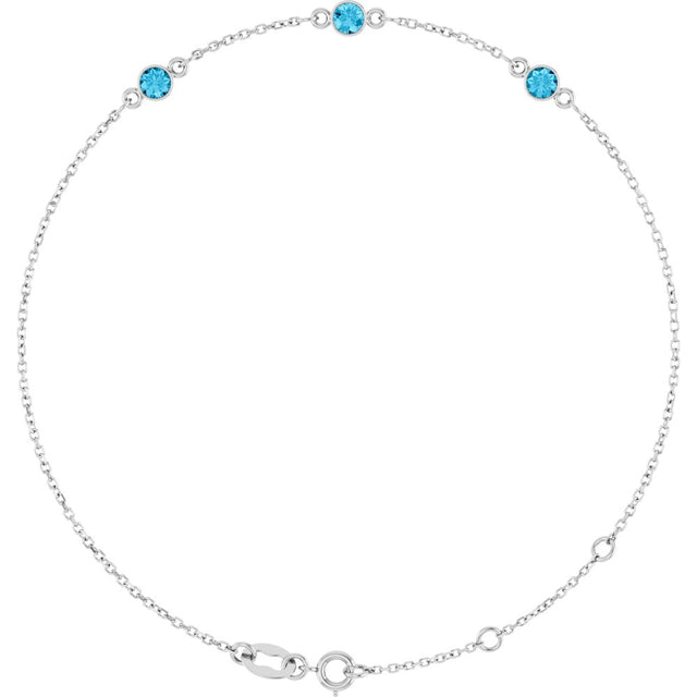 14K White Gold Natural Aquamarine Bezel-Set Three-Stone 6 1/2-7 1/2" Bracelet