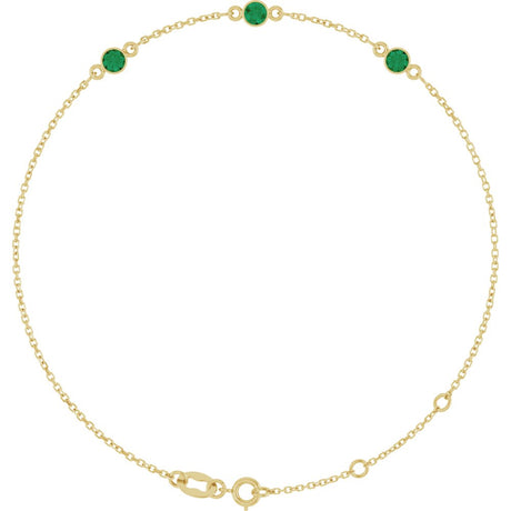 14K Yellow Gold Lab-Grown Emerald Bezel-Set Three-Stone 6 1/2-7 1/2" Bracelet