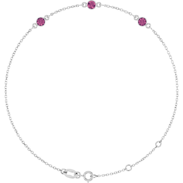 Sterling Silver Natural Pink Tourmaline Bezel-Set 3-Stone 6 1/2-7 1/2" Bracelet
