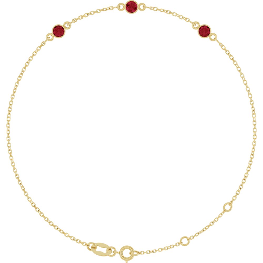 14K Yellow Gold Lab-Grown Ruby Bezel-Set Three-Stone 6 1/2-7 1/2" Bracelet