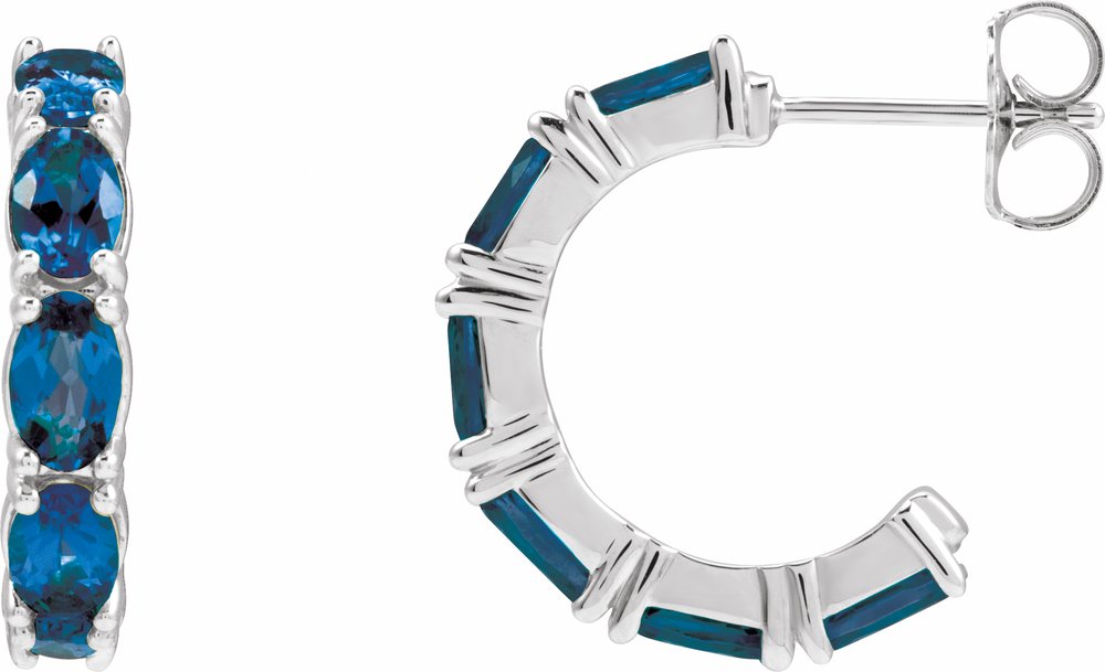 14K White Lab-Grown Blue Sapphire Hoop Earrings