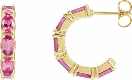 14K Yellow Natural Pink Tourmaline Hoop Earrings