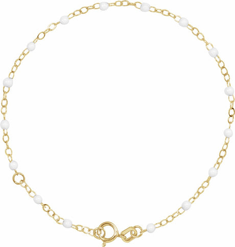 14K Yellow Gold 2 mm Adjustable White Enamel Bead 6-7" Chain