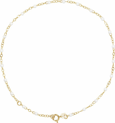 14K Yellow Gold 2 mm Adjustable White Enamel Bead 9-10" Chain
