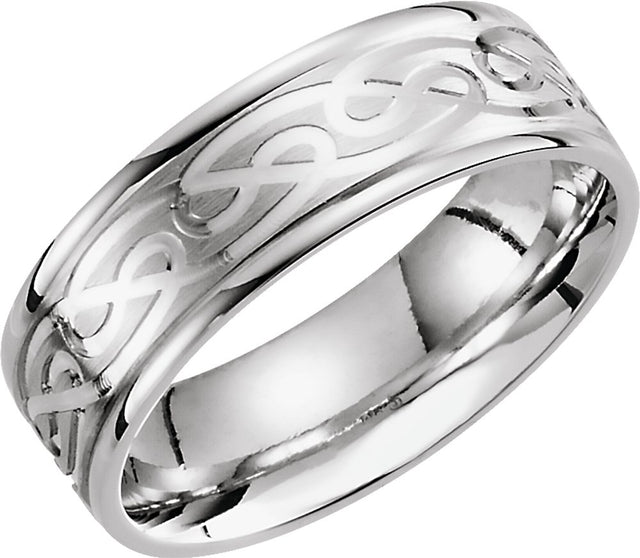 14K White Gold 7 mm Celtic-Inspired Grooved Comfort-Fit Flat Band Size 14.5