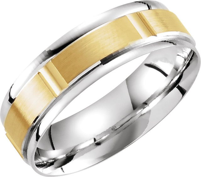 14K White/Yellow/White 6 mm Stepped-Edge Grooved Comfort-Fit Flat Band Size 10