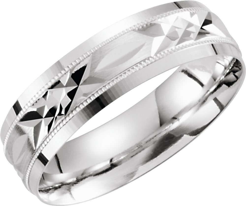 10K White Gold 6 mm Milgrain Edge Geometric Faceted Comfort-Fit Flat Band Size 7.5