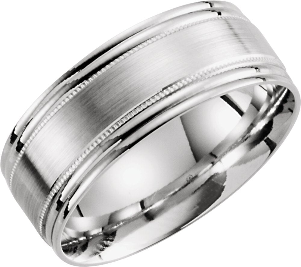 10K White Gold 8 mm Lightweight Grooved Milgrain Band Size 8