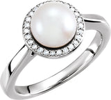 14K White Cultured White Freshwater Pearl & .06 CTW Natural Diamond Halo-Style Ring