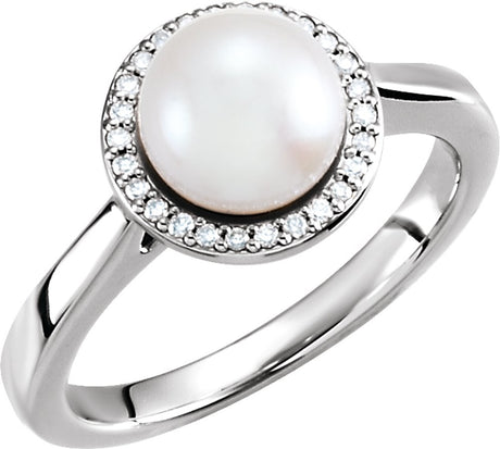14K White Gold Cultured White Freshwater Pearl & .06 CTW Natural Diamond Halo-Style Ring