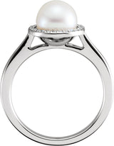 14K White Cultured White Freshwater Pearl & .06 CTW Natural Diamond Halo-Style Ring