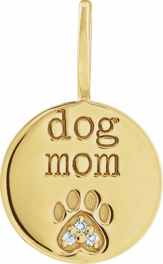 14K Yellow .01 CTW Natural Diamond Engraved Dog Mom Paw Print Charm/Pendant