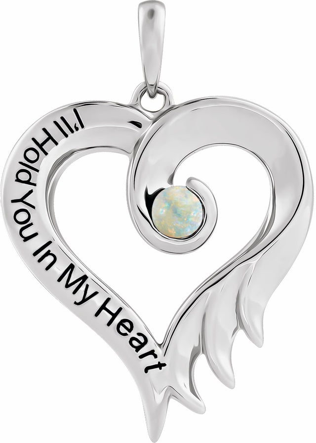 Sterling Silver Lab-Grown White Opal & Engraved I'll Hold You In My Heart Pendant