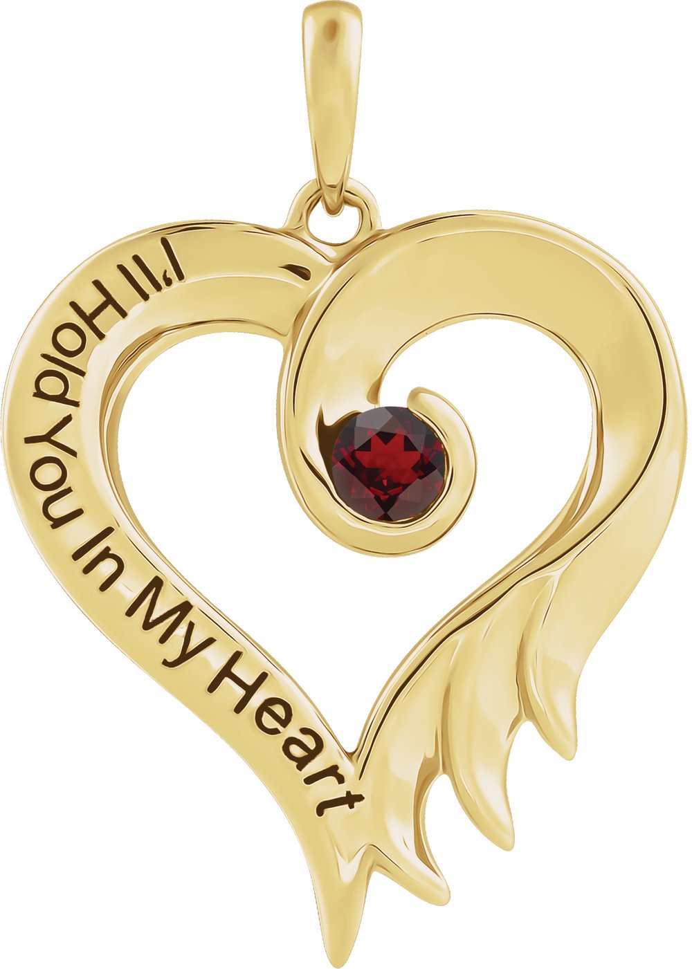 14K Yellow Gold Natural Mozambique Garnet & Engraved I'll Hold You In My Heart Pendant