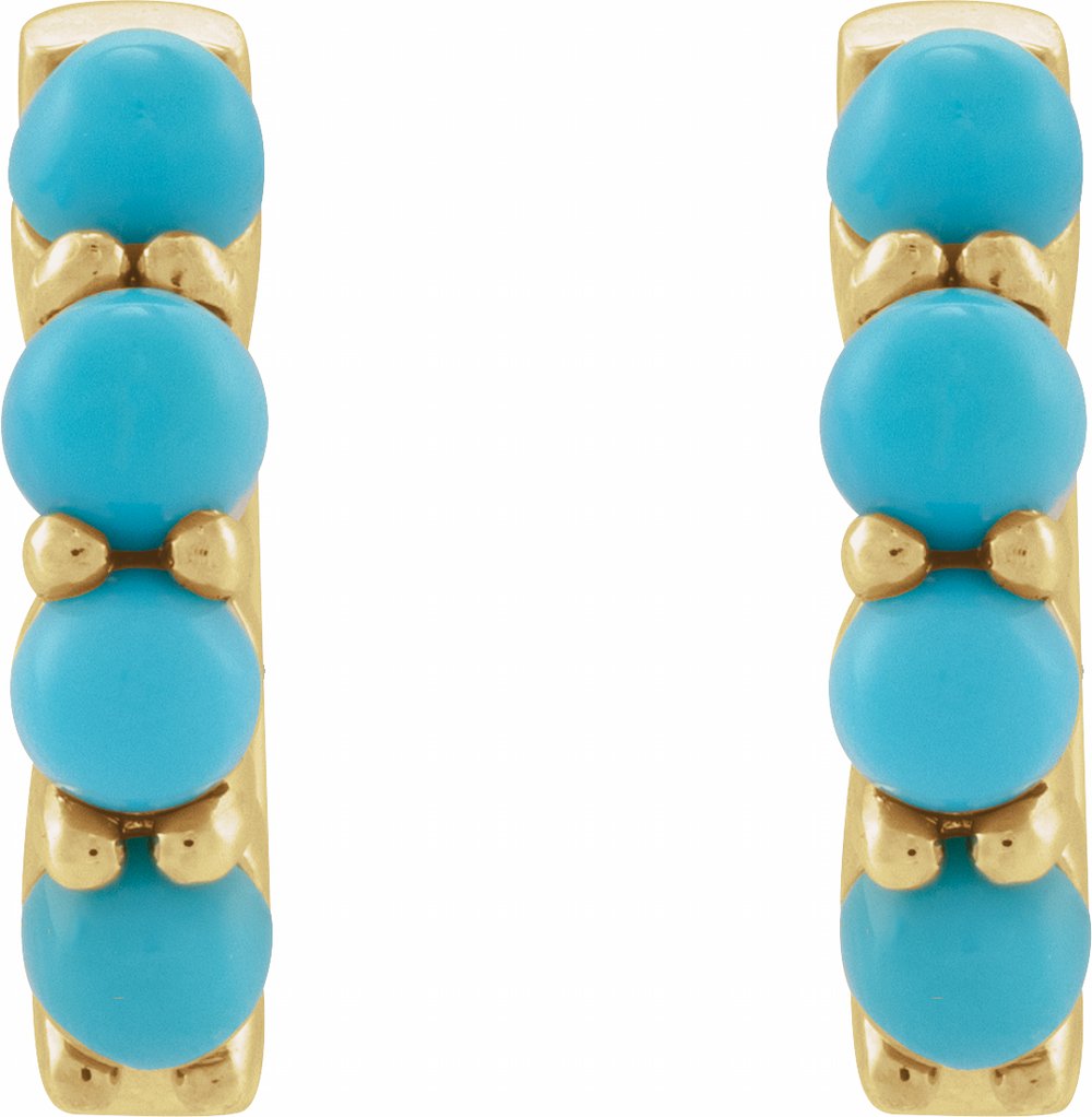 14K Yellow Natural Turquoise Cabochon Hinged 14.7 mm  Hoop Earrings