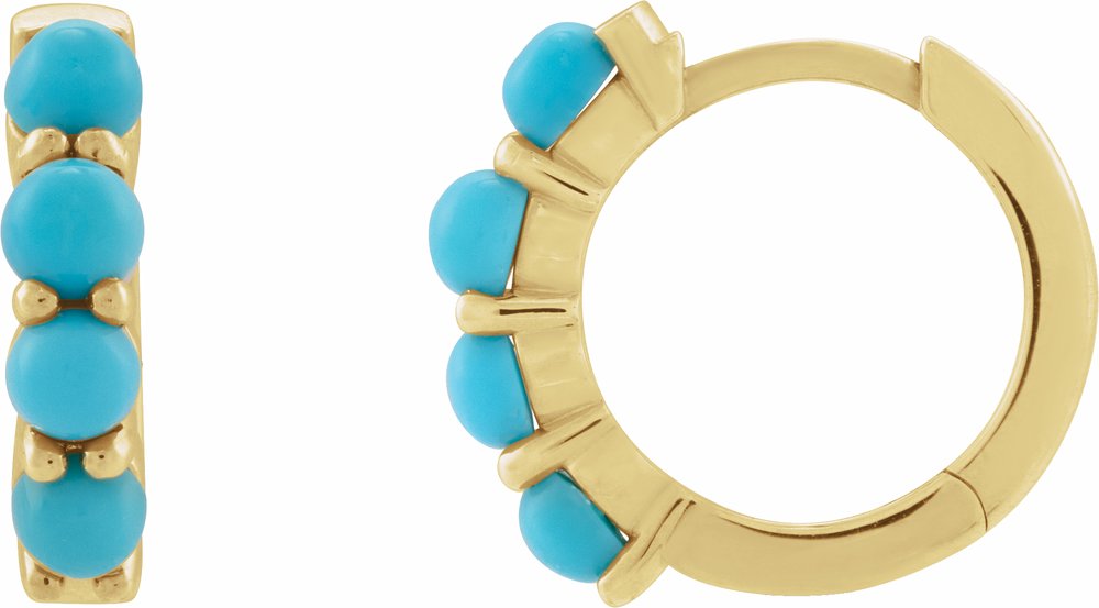 14K Yellow Gold Natural Turquoise Cabochon Hinged 14.7 mm  Hoop Earrings