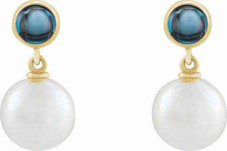 14K Yellow Gold Cultured White Freshwater Pearl & Natural London Blue Topaz Cabochon Earrings