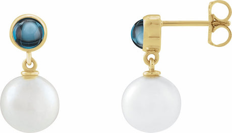 14K Yellow Gold Cultured White Freshwater Pearl & Natural London Blue Topaz Cabochon Earrings