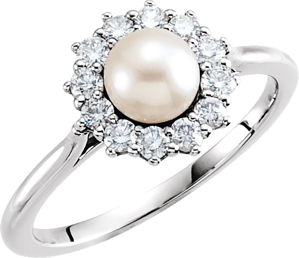 14K White Cultured White Freshwater Pearl & 3/8 CTW Natural Diamond Ring