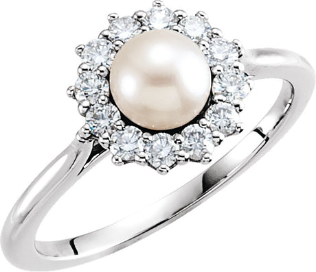 Sterling Silver Cultured White Freshwater Pearl & 3/8 CTW Natural Diamond Ring