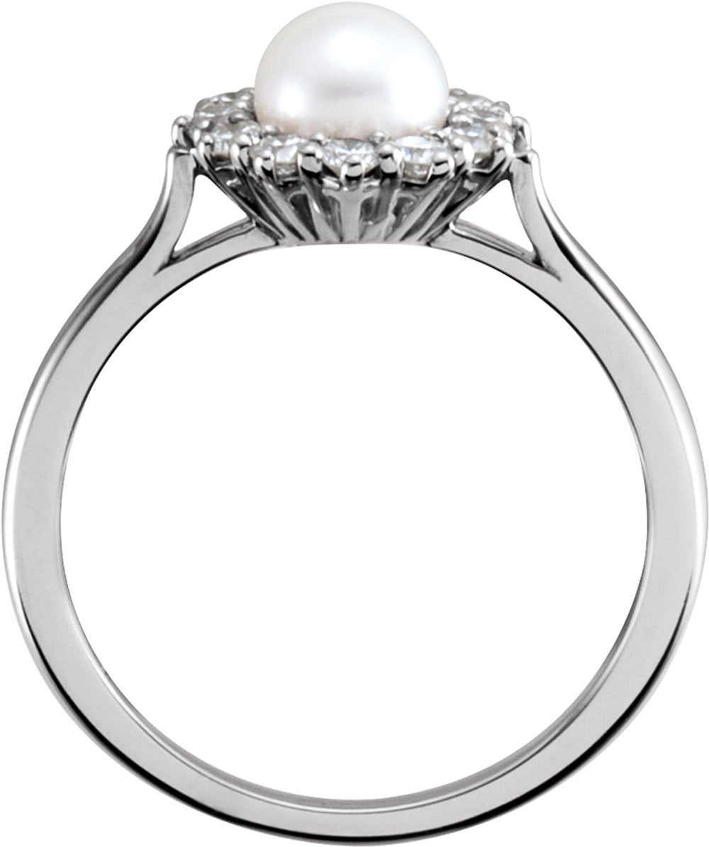 14K White Cultured White Freshwater Pearl & 3/8 CTW Natural Diamond Ring