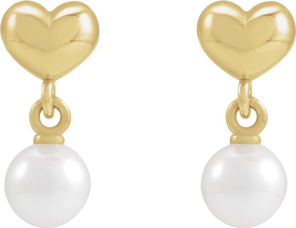 14K Yellow Cultured White Freshwater Pearl & Heart Dangle Earrings