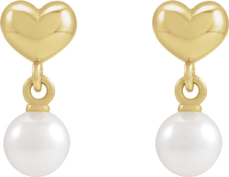 14K Yellow Cultured White Freshwater Pearl & Heart Dangle Earrings