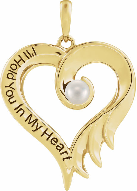 14K Yellow Cultured White Freshwater Pearl & Engraved I'll Hold You In My Heart Pendant