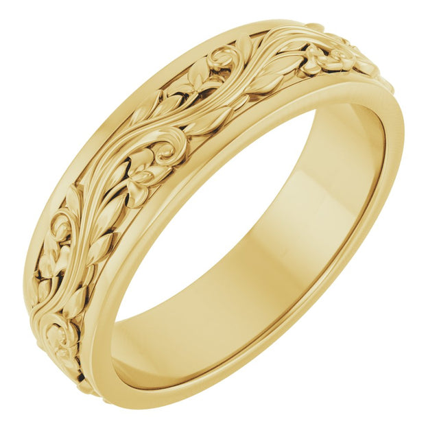 10K Yellow Gold 6 mm Floral Inlay Flat Band Size 12