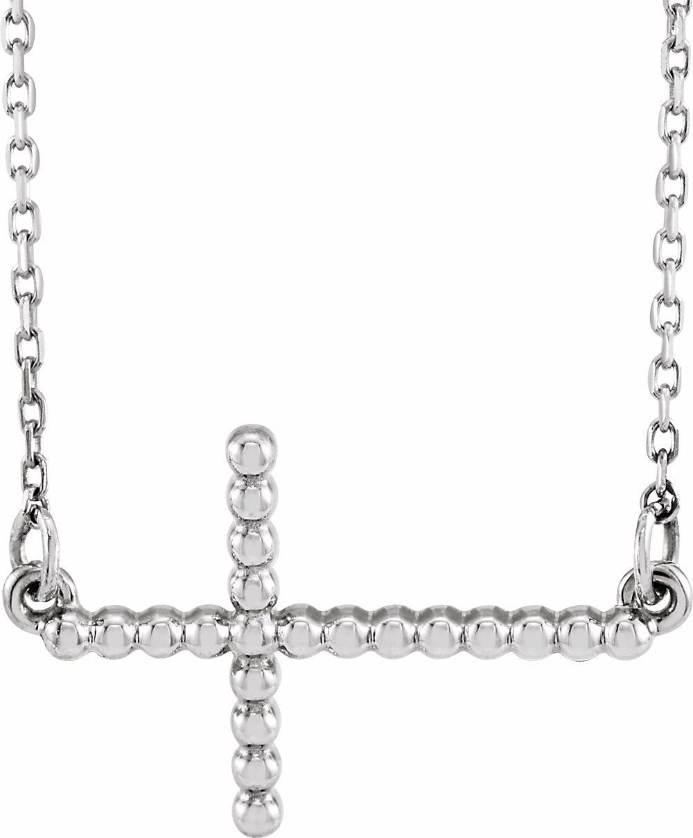 14K White 19.5x12.1 mm Sideways Beaded Cross 16.5" Necklace